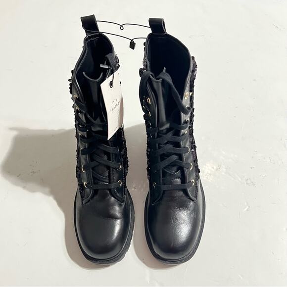 Zara Black Leather Sequined Lace Up Boots Size 6 US - Picture 7 of 15